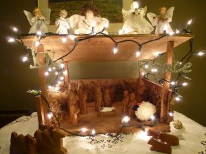 Christmas creche with carved wooden figures