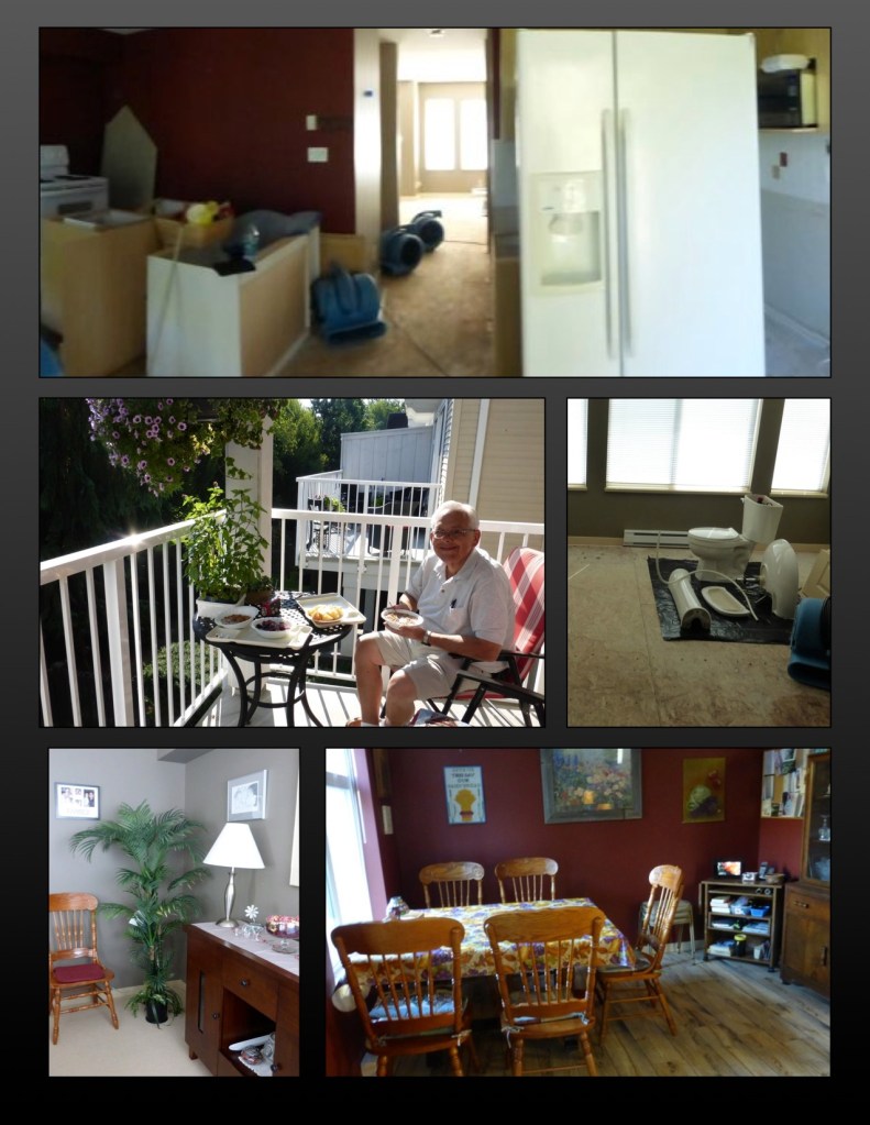 Top to bottom L-R: top two - Destroyed kitchen; 2nd row - We ate a lot of breakfasts and lunch on the balcony; The living room; Row 3 - Living room restored; Kitchen restored. 